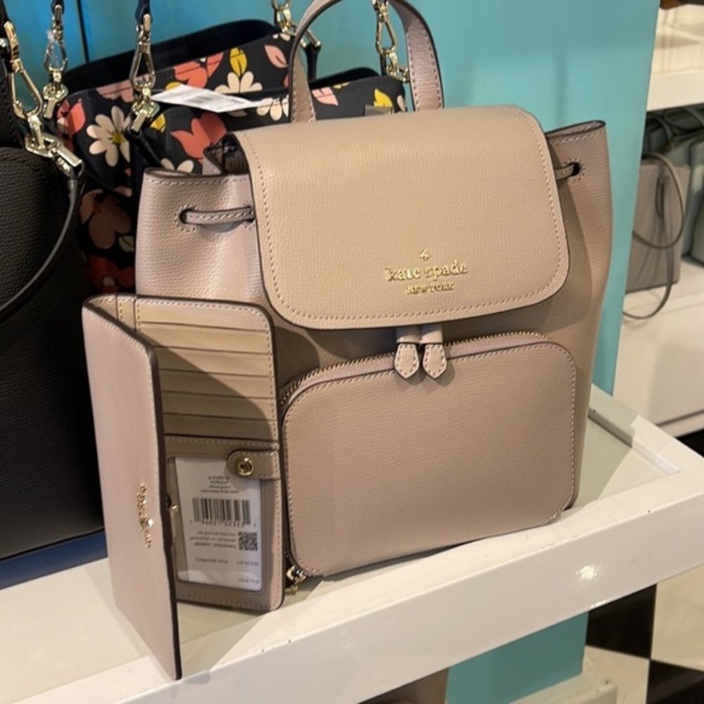 Kate Spade Darcy Flap Backpack & Darcy Large Slim Bifold Wallet Warm Taupe - Picture 7 of 16